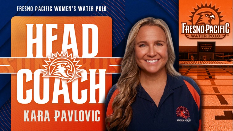 A sports announcement graphic for Fresno Pacific Women's Water Polo. On the left, large white text reads 